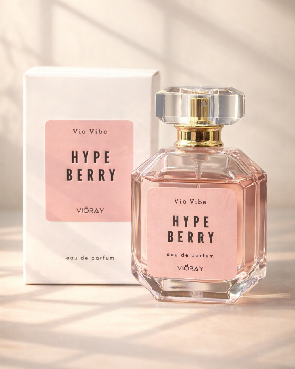 Vio Vibe Hype Berry perfume bottle and packaging on a light background
