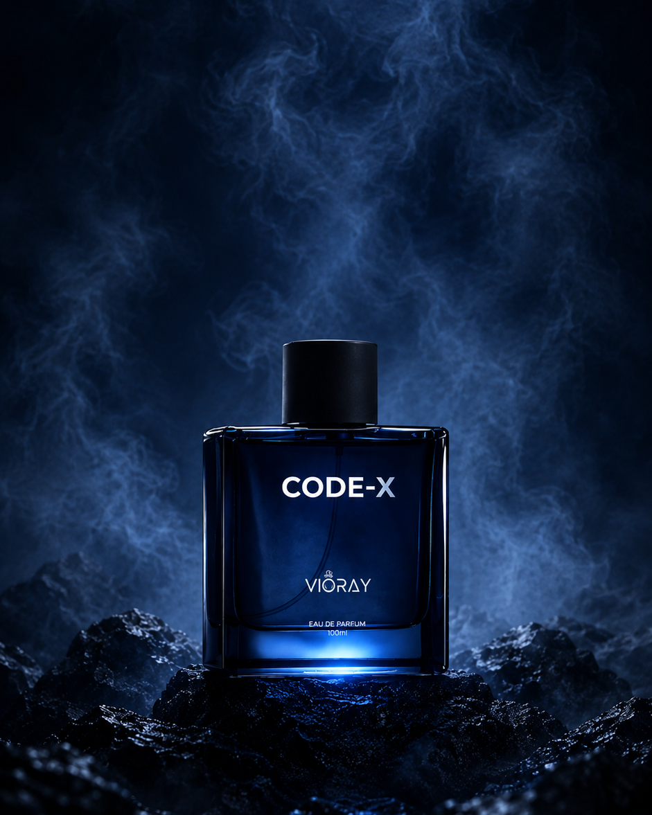 Vioray Code-X perfume bottle with blue light on a dark background