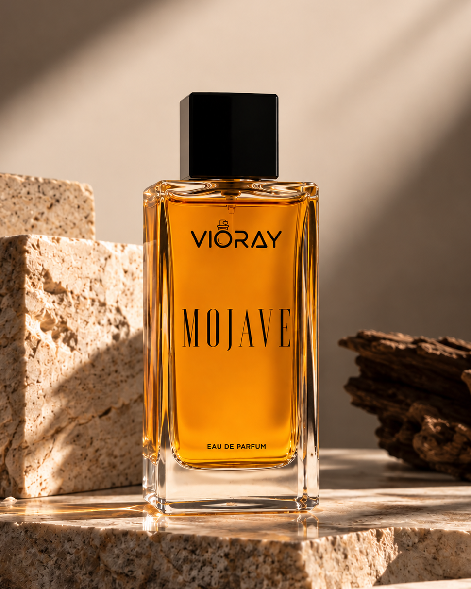 A bottle of Vioray Mojave Eau de Parfum with amber-colored liquid and a black cap, styled on a stone surface with textured blocks and driftwood under warm directional sunlight.