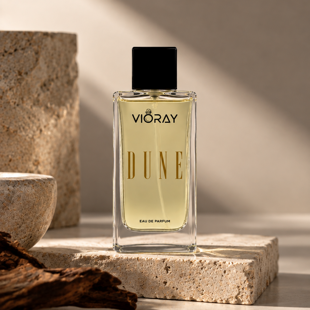 A bottle of Vioray Dune Eau de Parfum stands on a stone pedestal in a styled setting with warm sunlight and shadows. The clear glass bottle shows a pale golden-yellow liquid and has a black cap.