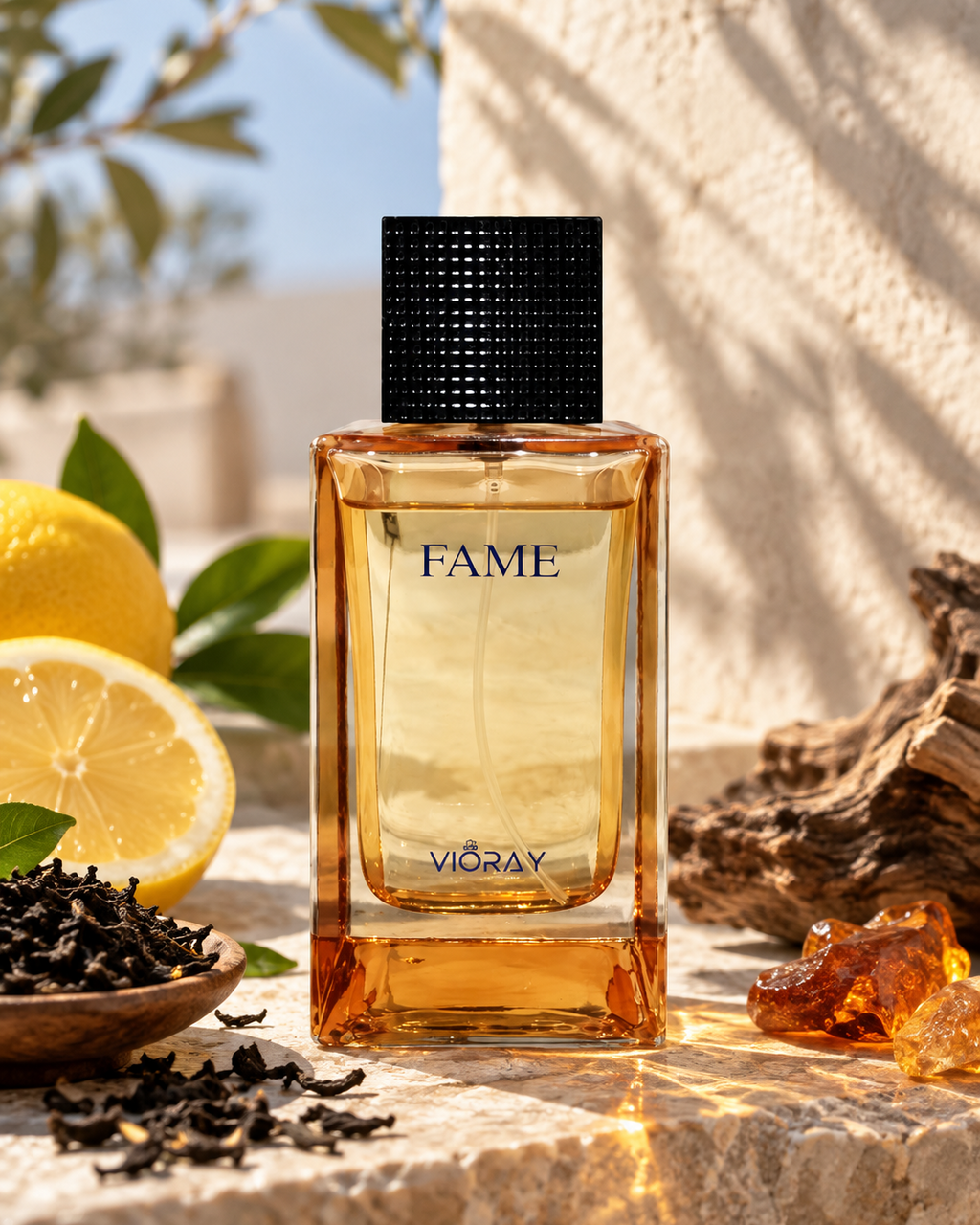 A bottle of Vioray FAME fragrance with amber liquid and a black cap, styled on a stone surface with lemons, tea leaves, amber resin, and driftwood in a sunlit outdoor setting.