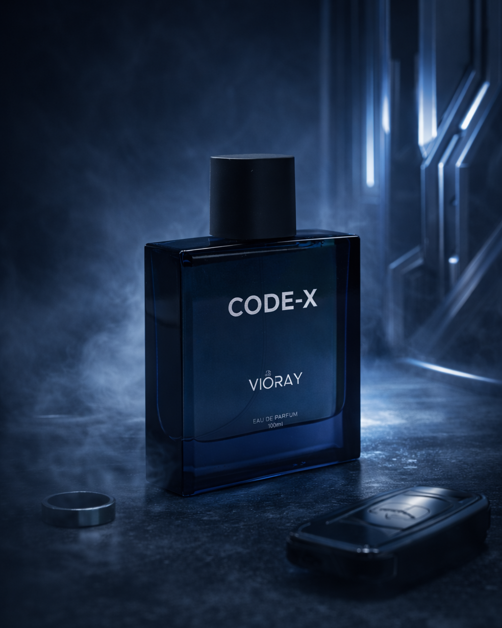 Vioray Code-X perfume bottle on a dark background
