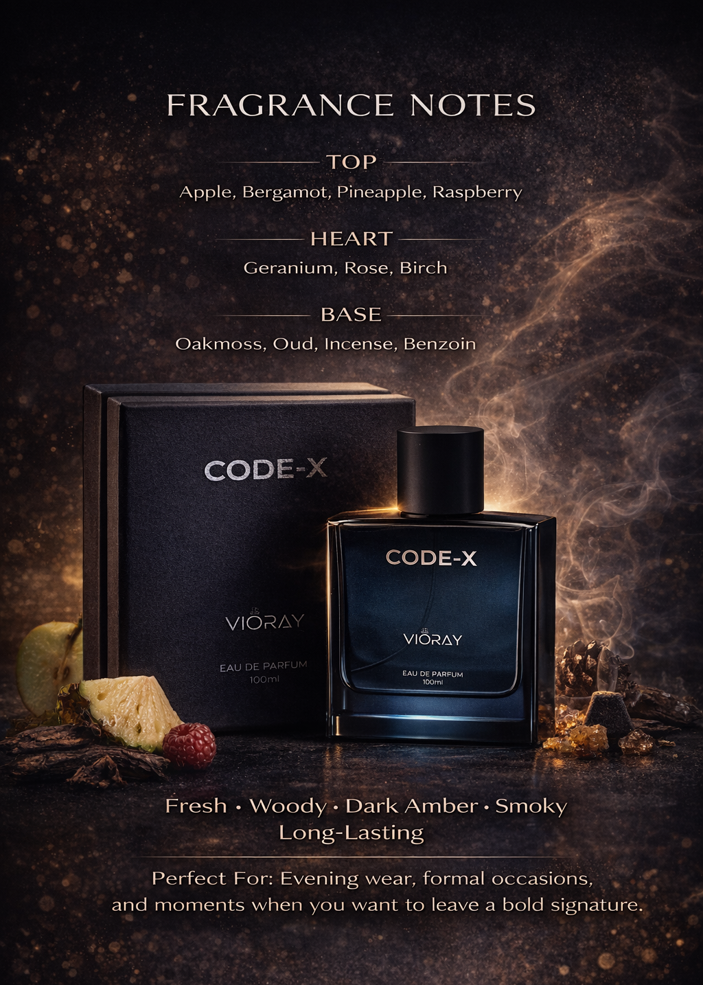 CODE-X perfume bottle and packaging with fragrance notes on a dark background
