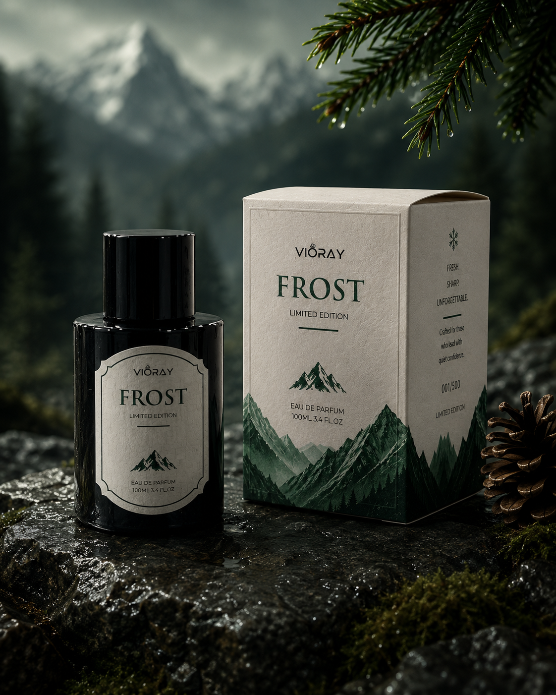 Vioray Frost perfume bottle and packaging with a mountainous background