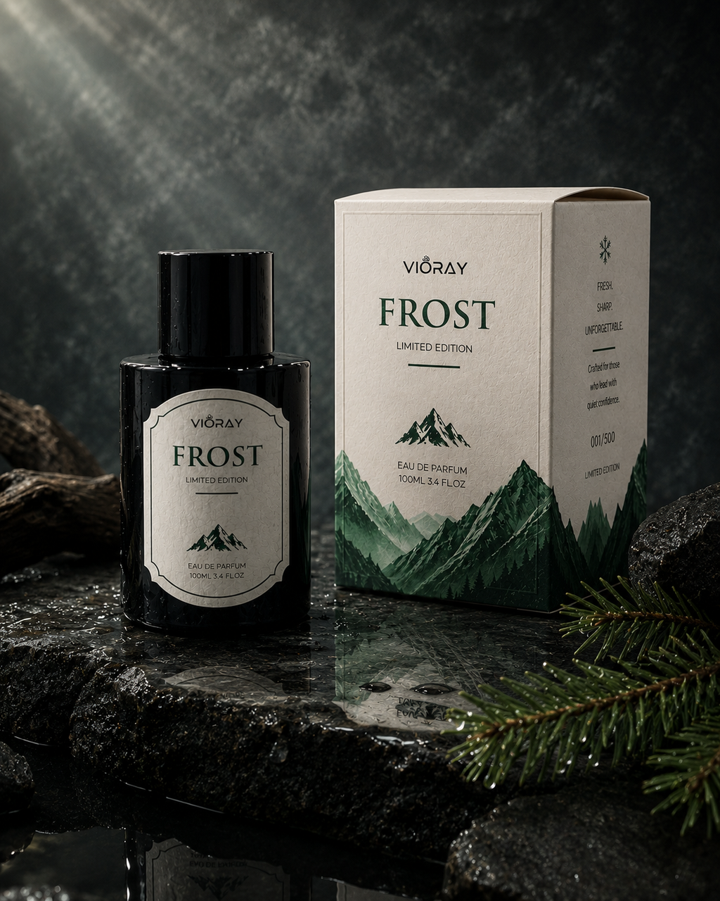 VIORAY Frost perfume bottle and packaging on a dark surface with a mountainous design.