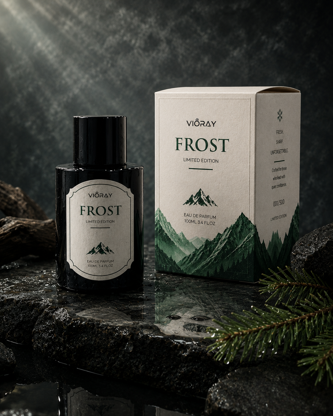 VIORAY Frost perfume bottle and packaging on a dark surface with a mountainous design.