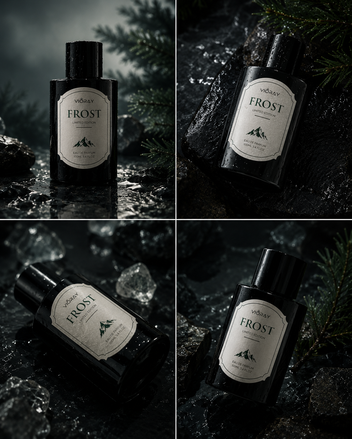 Collage of a 'Frost' bottle with a label against a dark, nature-themed background.