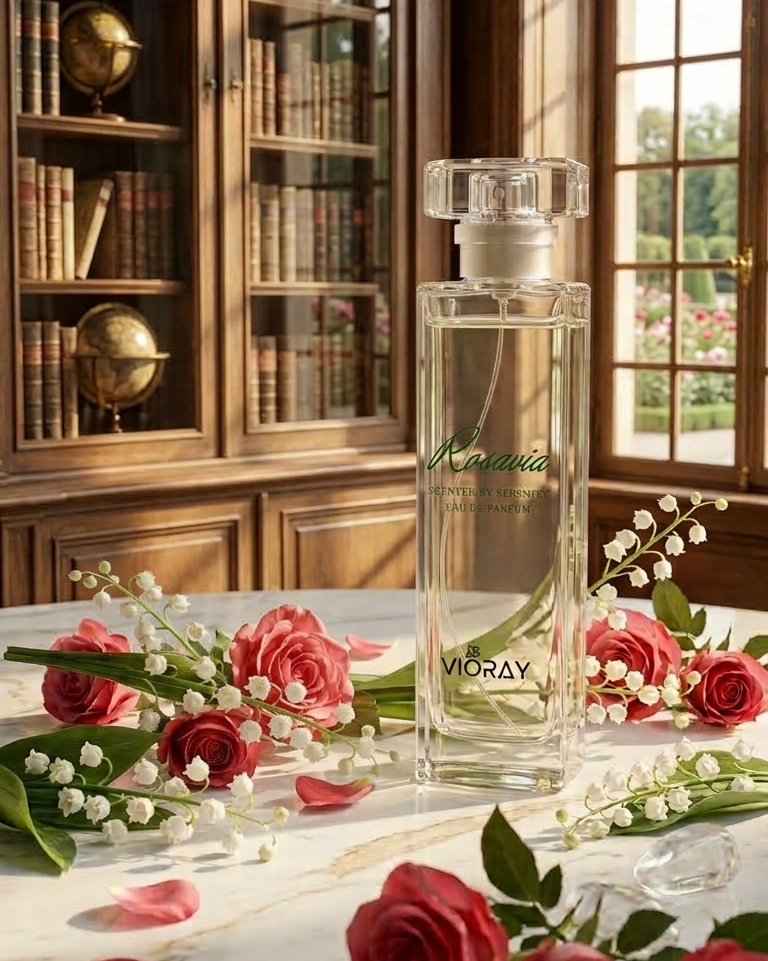 Viktor & Rolf Flower by Vicky perfume bottle on a table with flowers and bookshelf in the background