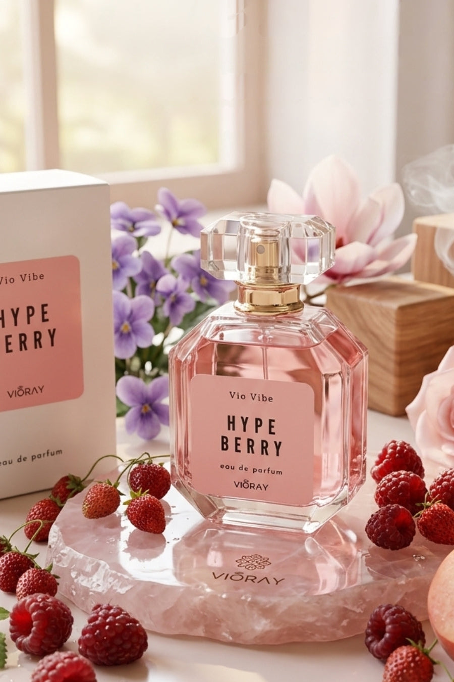 Vioray Hype Berry perfume bottle on a decorative stone surface with berries and flowers.