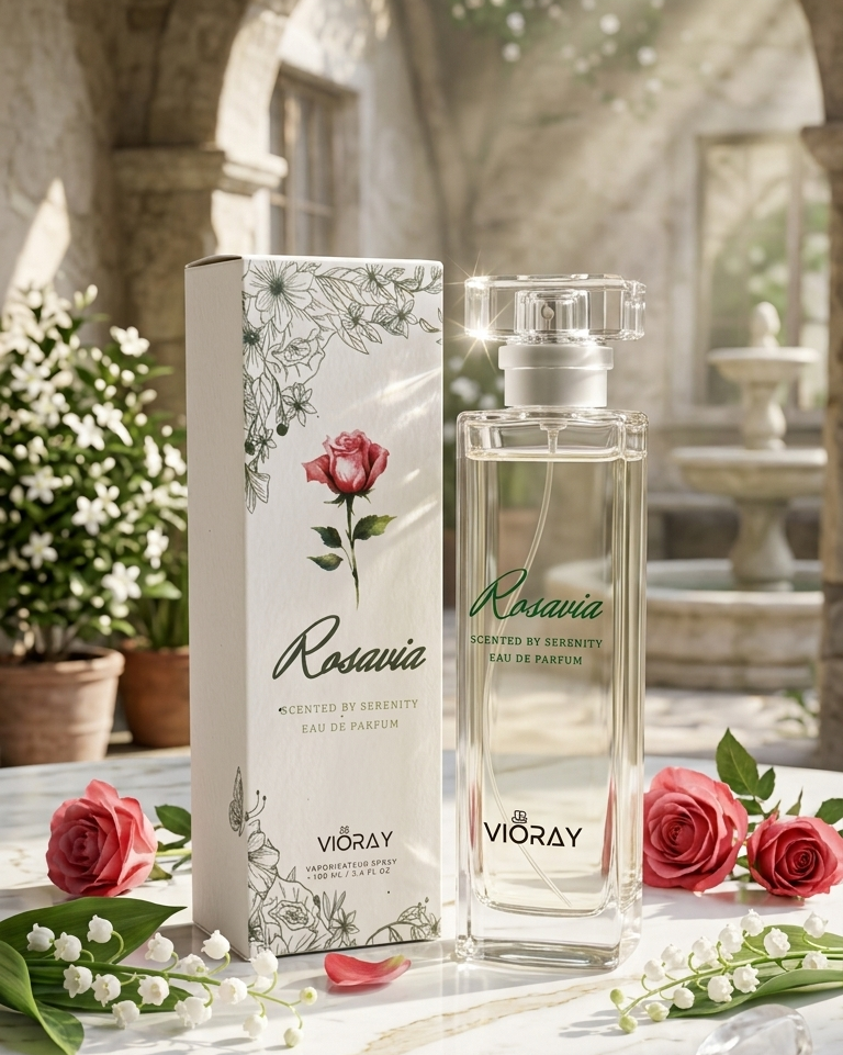 Vioray Rosavia perfume bottle and packaging on a marble surface with flowers and a classical building in the background