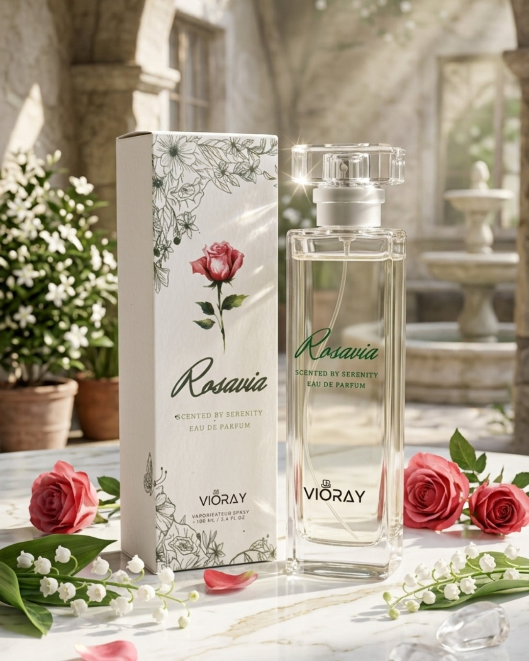 Vioray Rosavia perfume bottle and packaging with flowers on a decorative surface