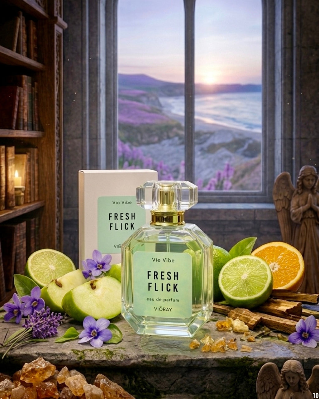 Viva Vibe Fresh Flick perfume bottle with fruits and flowers on a stone surface, sunset view through window.